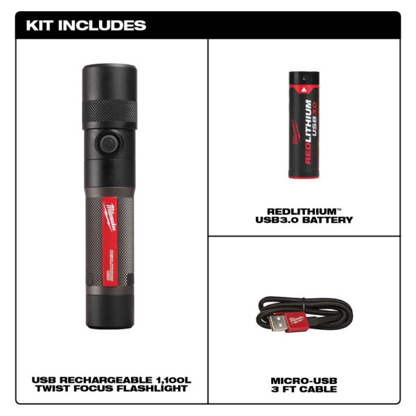 MILWAUKEE 2161-21 REDLITHIUM™ USB 1100L Twist Focus Flashlight - Image 2