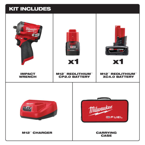 MILWAUKEE 2554-22 M12 Fuel Stubby 3/8" Impact Wrench Kit - Image 2