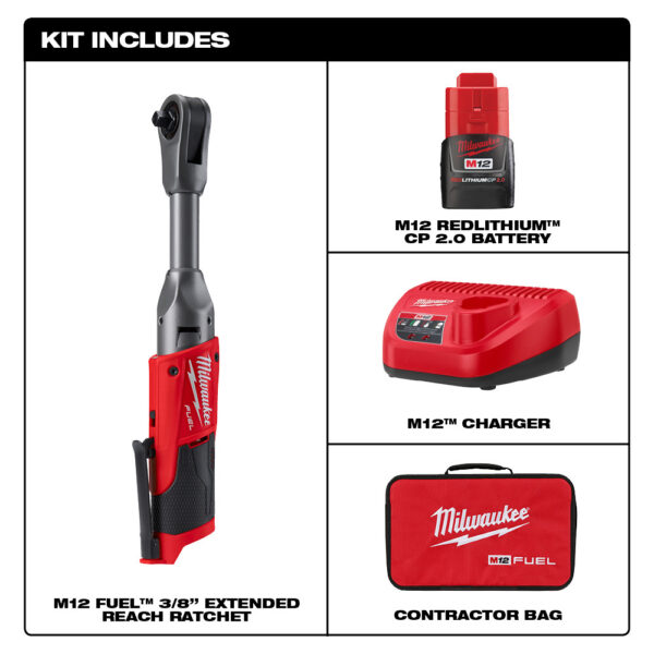 MILWAUKEE 2560-21 M12 Fuel 3/8" Extended Reach Ratchet Kit - Image 3