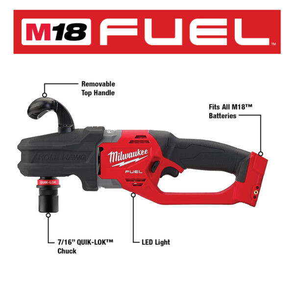 MILWAUKEE 2808-20 M18 Fuel Hole Hawg Right Angle Drill w/ QUIK-LOK (Tool Only) - Image 3