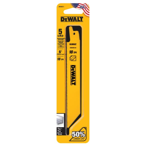 DEWALT DW4811 6" 18 TPI Straight Back Bi-Metal Reciprocating Saw Blade (5Pk)