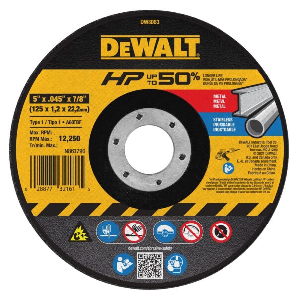 DEWALT DW8063 5" x .045" x 7/8" HP Type 1 All Purpose Metal Thin Cut Off Wheel