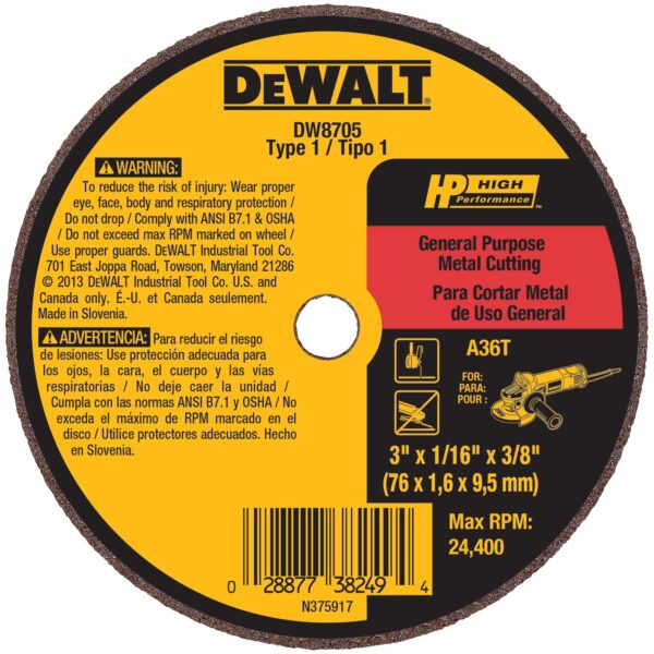 DEWALT DW8705 3" x 1/16" x 3/8 A36T Type 1 HP Cut Off Wheel