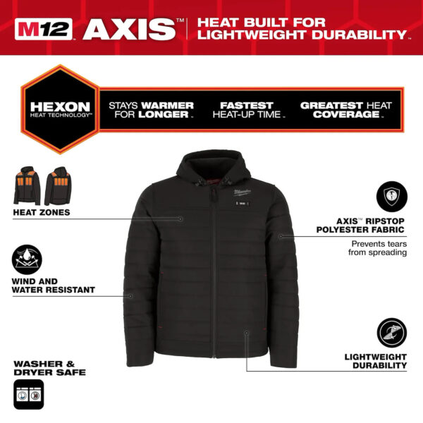 MILWAUKEE M102B-212X M12 Black Heated Hooded Jacket 3.0Ah Kit HEXON AXIS 2XL