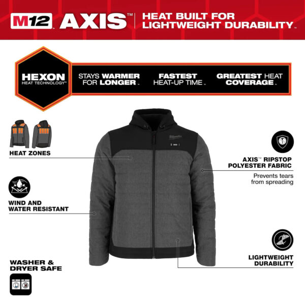 MILWAUKEE M102G-21L M12 Grey Heated Hooded Jacket 3.0Ah Kit HEXON AXIS Lg