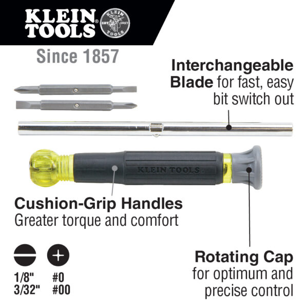 KLEIN 32581 Multi-Bit Electronics Screwdriver, 4-in-1, Phillips, Slotted Bits - Image 2