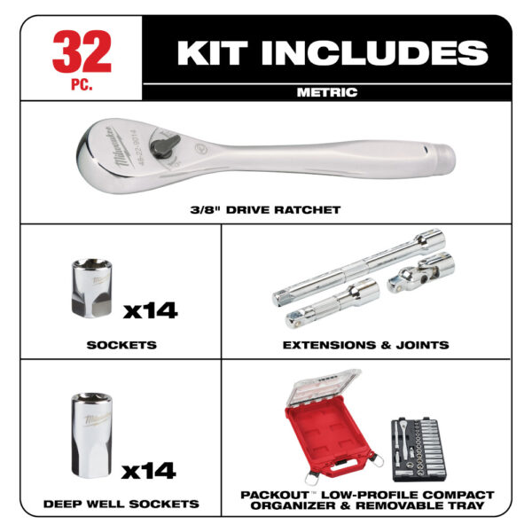 MILWAUKEE 48-22-9482 3/8" 32pc Ratchet and Socket Set in PACKOUT - Metric - Image 4