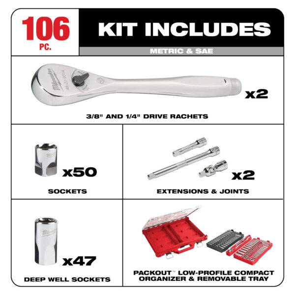 MILWAUKEE 48-22-9486 1/4"&3/8" Dr 106pc Ratchet, Socket Set w/PACKOUT Organizer - Image 3