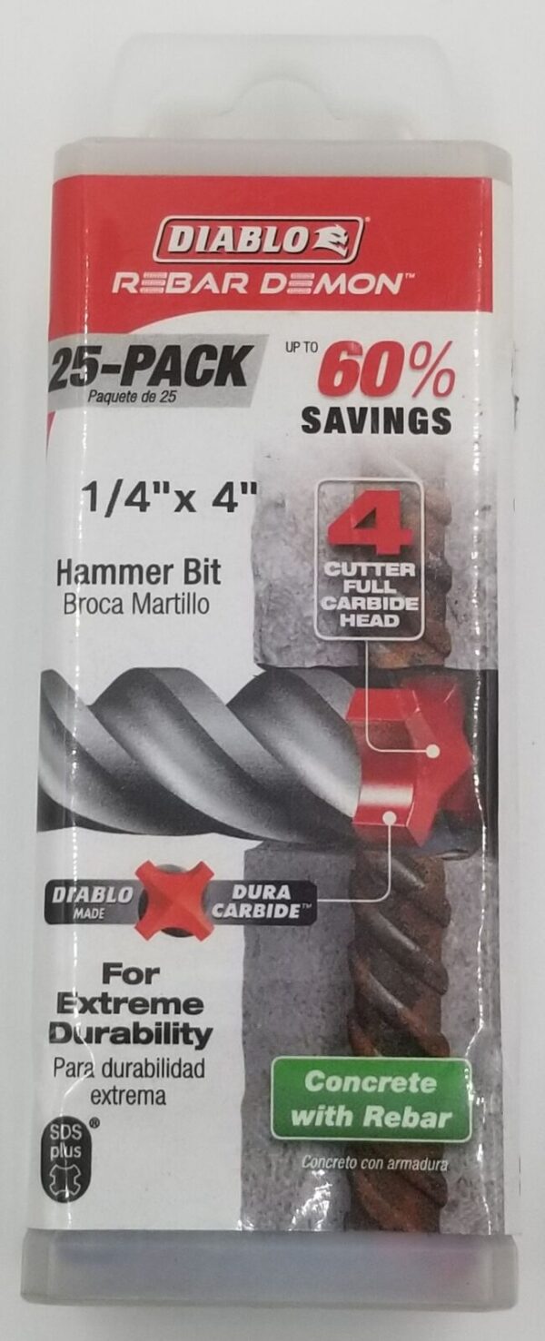 DIABLO DMAPL4060-P25 1/4" x 2" x 4" Rebar Demon, SDS-Plus 4-Cutter Full Carbide