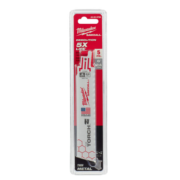 MILWAUKEE 48-00-5786 6" 24 TPI Torch Metal Demolition Sawzall Blades (5Pk)