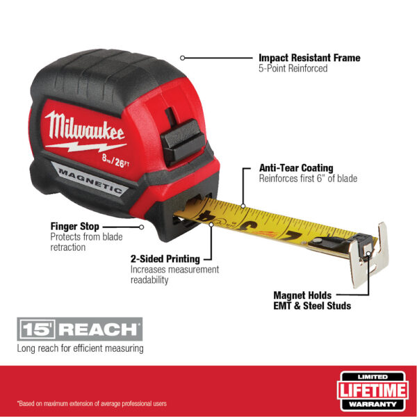 MILWAUKEE 48-22-0326 8m/26' Compact Magnetic Tape Measure - Image 2