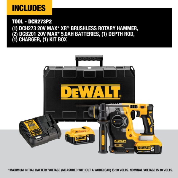 DEWALT DCH273P2 20V XR 1" SDS+ Plus Rotary Hammer Kit w/2 - 5.0Ah Batteries - Image 2