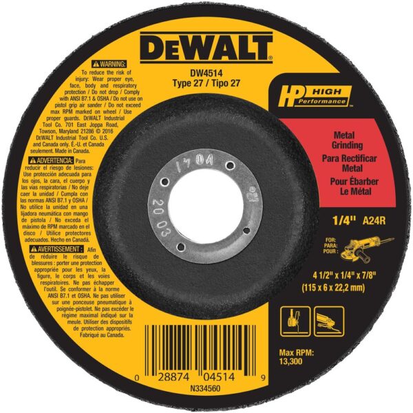 DEWALT DW4514 4-1/2" x 1/4" Type 27- HP Premium Aluminum Oxide Grinding Wheel