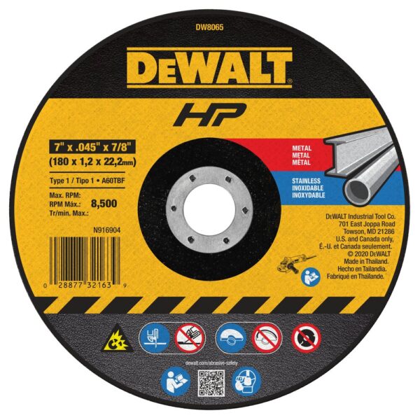 DEWALT DW8065 7" x .045" x 7/8" HP Type 1 All Purpose Metal Thin Cut Off Wheel