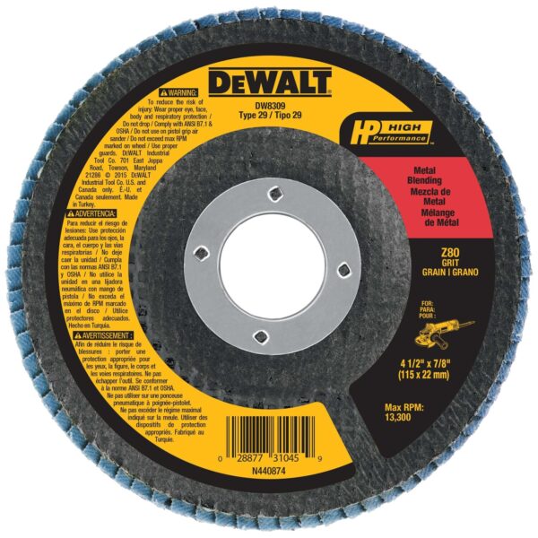 DEWALT DW8309 4-1/2" x 7/8" Z80 Type 29 HP Zirconia /PREMIUM Flap Discs