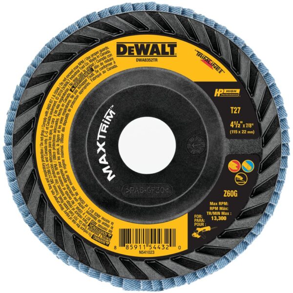 DEWALT DWA8352TR 4-1/2" X 7/8 60G T27 HP Trimmable Flap Discs - Zirconia