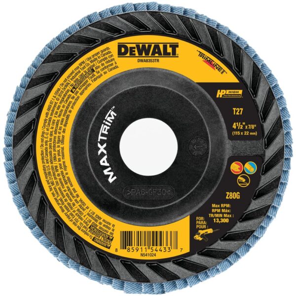 DEWALT DWA8353TR 4-1/2" X 7/8 80G T27 HP Trimmable Flap Discs - Zirconia