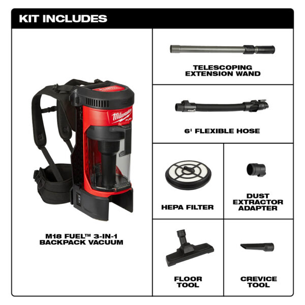 MILWAUKEE 0885-20 M18 Fuel 3-in-1 Backpack Vacuum - Image 2