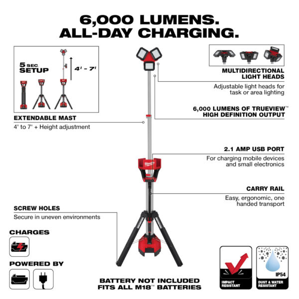 MILWAUKEE 2136-20 M18 Rocket Tower Light/Charger 6000 Lumens Tool Only - Image 3