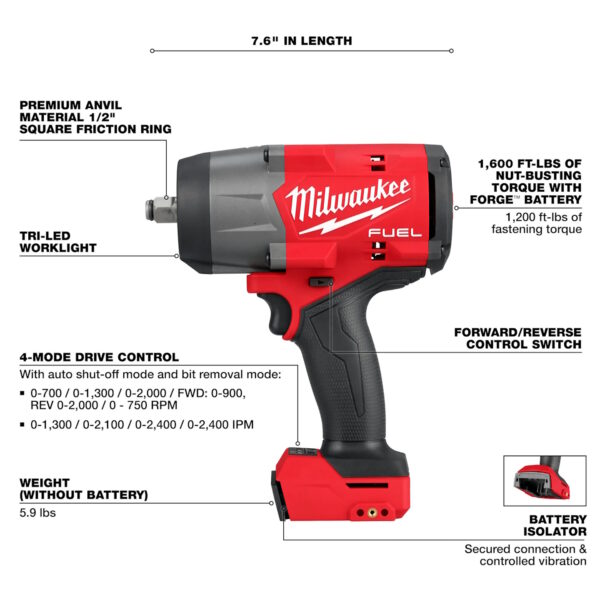 MILWAUKEE 2967-20 M18 FUEL High Torque Impact Wrench 1/2" Drive Tool Only - Image 4