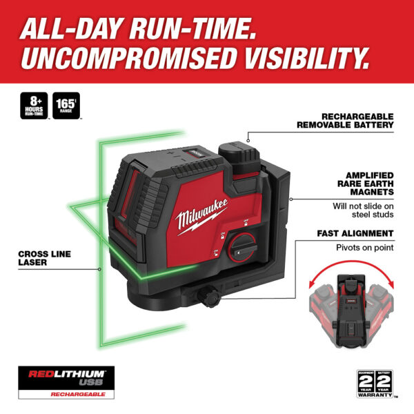 MILWAUKEE 3521-21 USB Rechargeable Green Cross Line Laser - Image 2