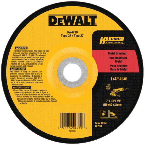 DEWALT DW4719 7" x 1/4" x 7/8" Metal Type 27-HP Prem Alum Oxide Grinding Wheel