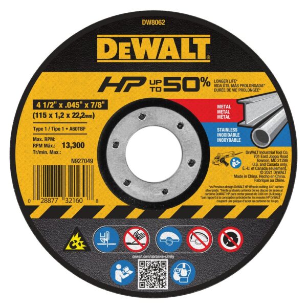 DEWALT DW8062 4-1/2" x .045 x 7/8" HP Type 1 All Purpose Metal Thin CutOff Wheel