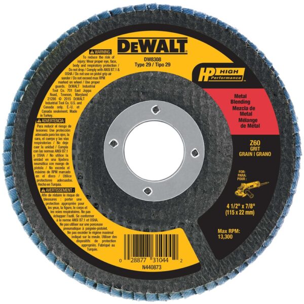 DEWALT DW8308 4-1/2" x 7/8" Z60 Type 29 HP Zirconia /PREMIUM Flap Discs