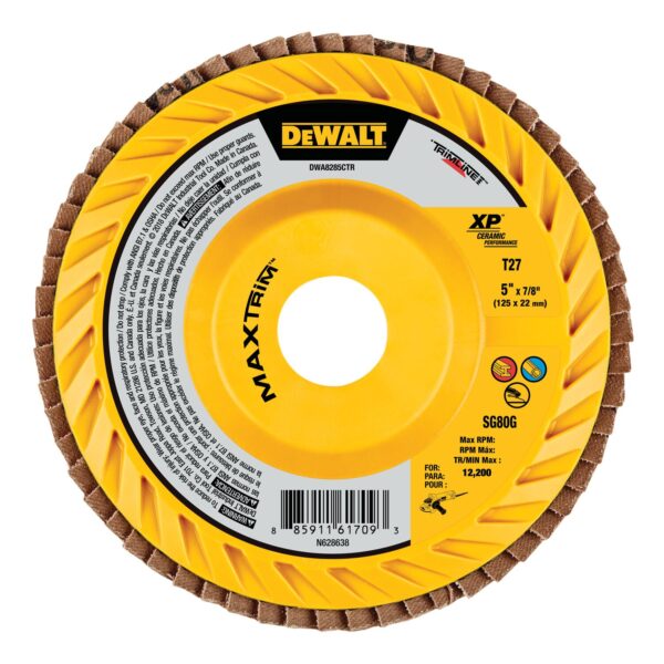 DEWALT DWA8285CTR 5" X 7/8" SR80 T27 Trimmable Flap Disc - Ceramic