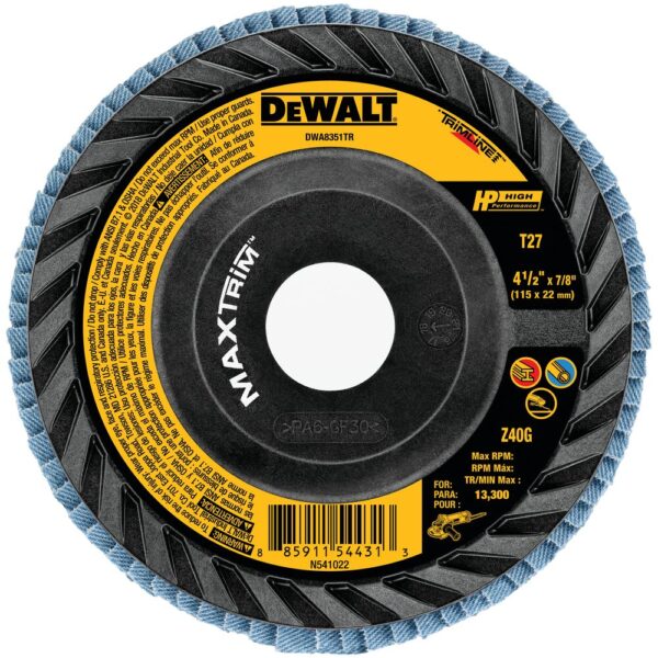 DEWALT DWA8351TR 4-1/2" x 7/8 40G T27 HP Trimmable Flap Discs - Zirconia
