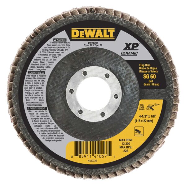DEWALT DWA8281  4-1/2" x 7/8" SG60Type 29 XP Ceramic/Ultra Premium Flap Disc
