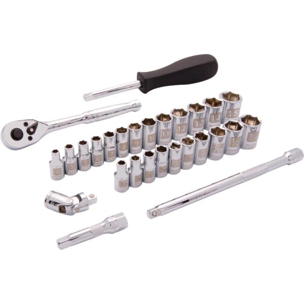 DYNAMIC TOOLS D004004 1/4" Drive 28Pc 6Pt SAE/Metric Standard Socket Set