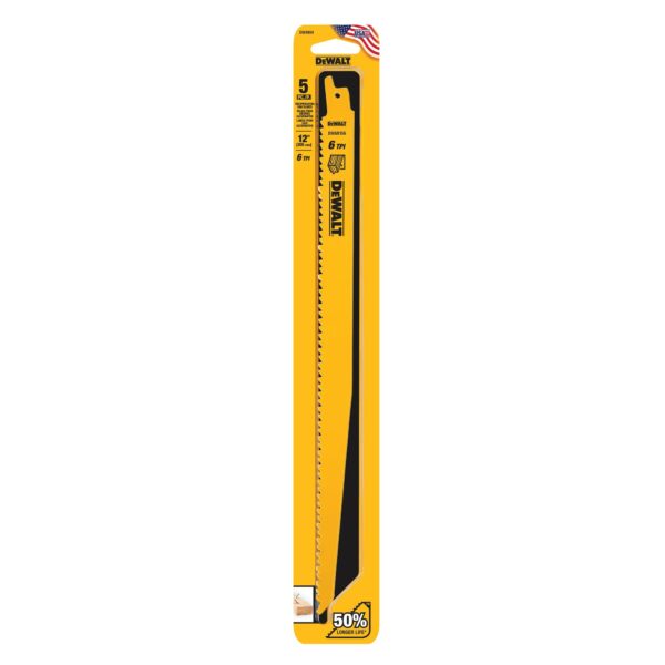 DEWALT DW4804 12" Recip Blade Yellow 6 TPI Wood 5/pk Taper Back