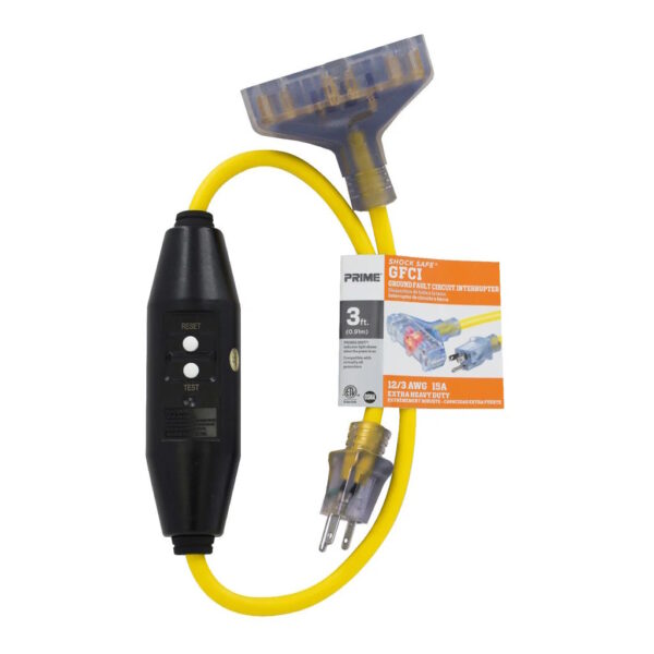 PRIME GF320803 3' 12/3 SJTW In-Line GFCI Triple Tap Adapter