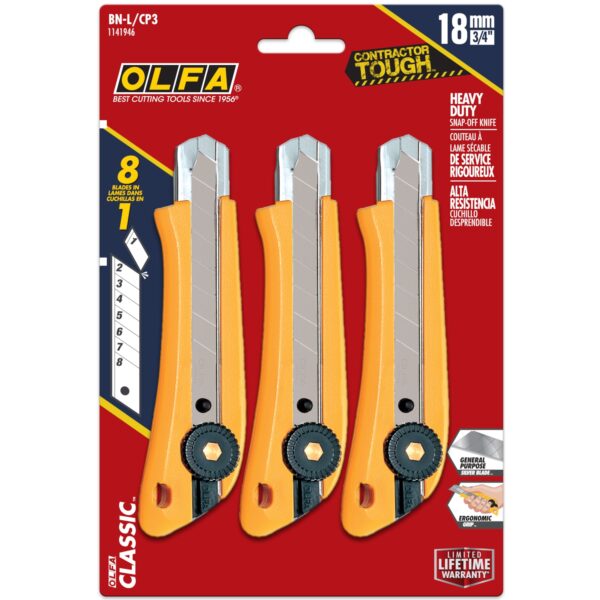 OLFA 1141946 BN-L/CP3 18mm Heavy-Duty Ratchet Lock Snap-Off Utility Knife 3-Pk