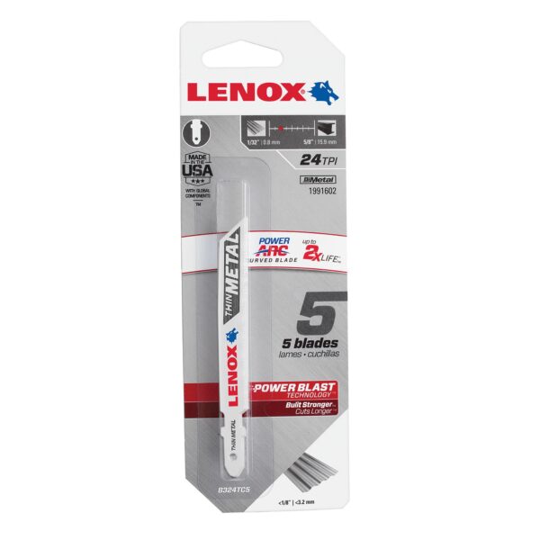 LENOX 1991602 PA Curved Metal 3-5/8 X 3/8 24TPI T-Shank Jig Saw Blades 5PK