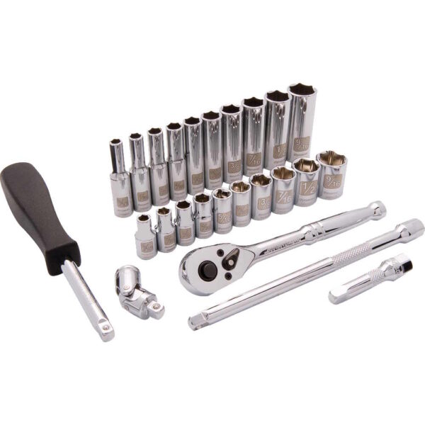 DYNAMIC D004005 1/4" D 25 PC 6 PT SAE Standard Deep Sockets