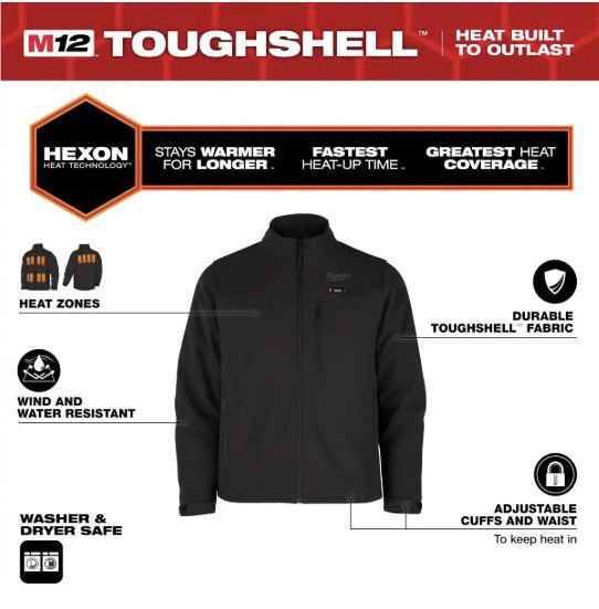 MILWAUKEE M100B-21L M12 Black Heated Jacket 3.0Ah Kit HEXON Toughshell Lg - Image 3
