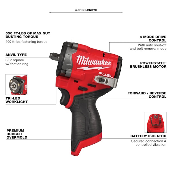 MILWAUKEE 2562-20 M12 FUEL™ Stubby 3/8" Impact Wrench (Tool Only) - Image 4
