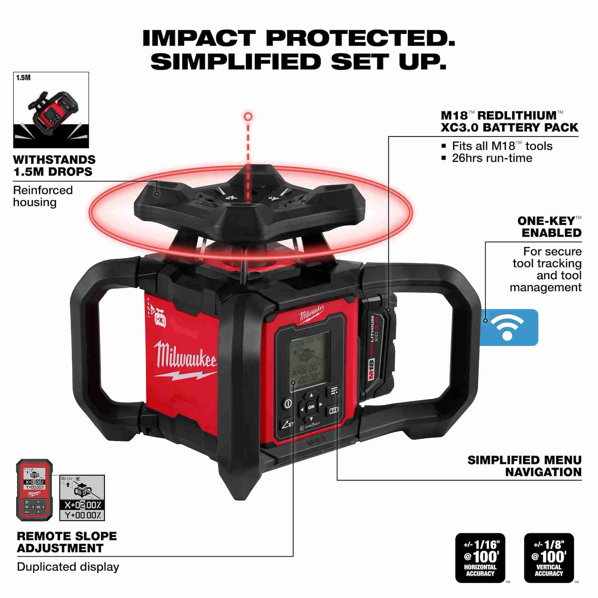 MILWAUKEE 3704-21T M18™ Red Exterior Dual Slope Rotary Laser Level Kit - Image 2