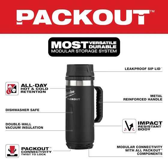 MILWAUKEE 48-22-8394B PACKOUT™ 18oz Black Insulated Mug with Sip Lid - Image 2