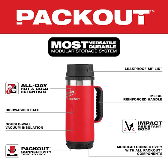 MILWAUKEE 48-22-8394R PACKOUT™ 18oz Insulated Mug with Sip Lid Red - Image 2