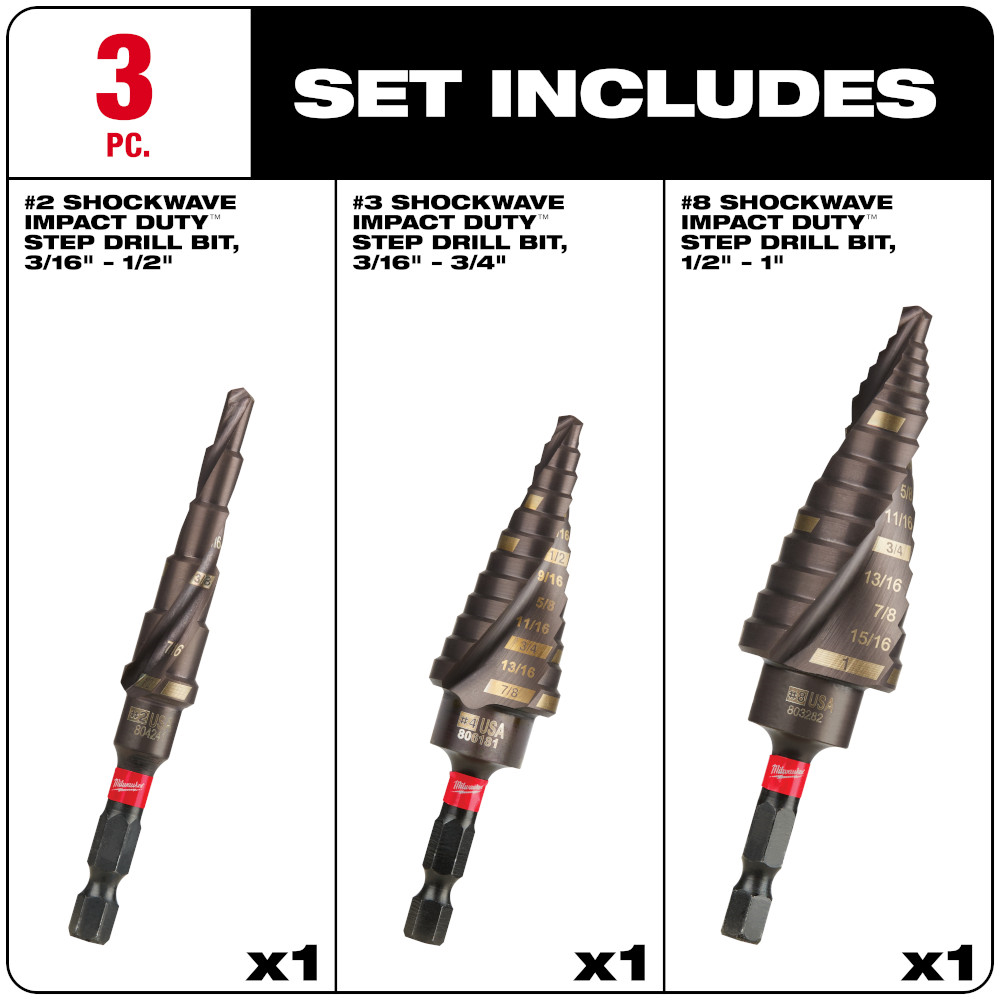 MILWAUKEE 48-89-9256 3pc Mechanical Impact Step Bit Set - Image 2