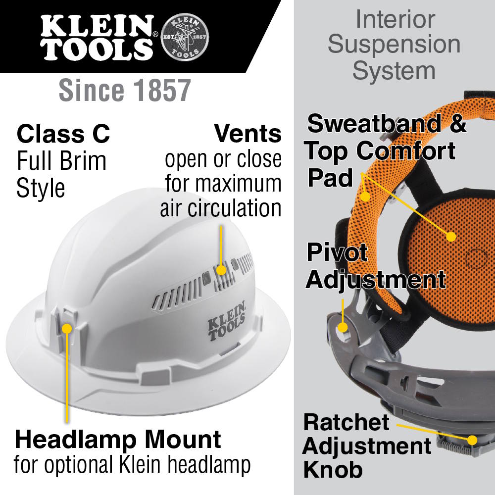 KLEIN 60401 Hard Hat, Vented, Full Brim Style, White - Image 2