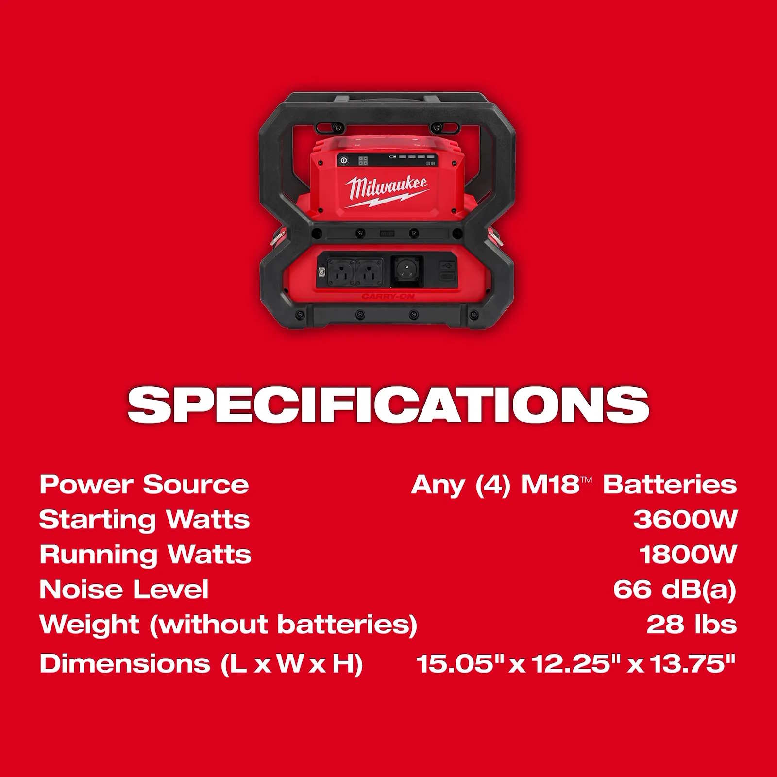 MILWAUKEE 2845-20 M18 Carry-On 3600W/1800W Power Supply - Image 8