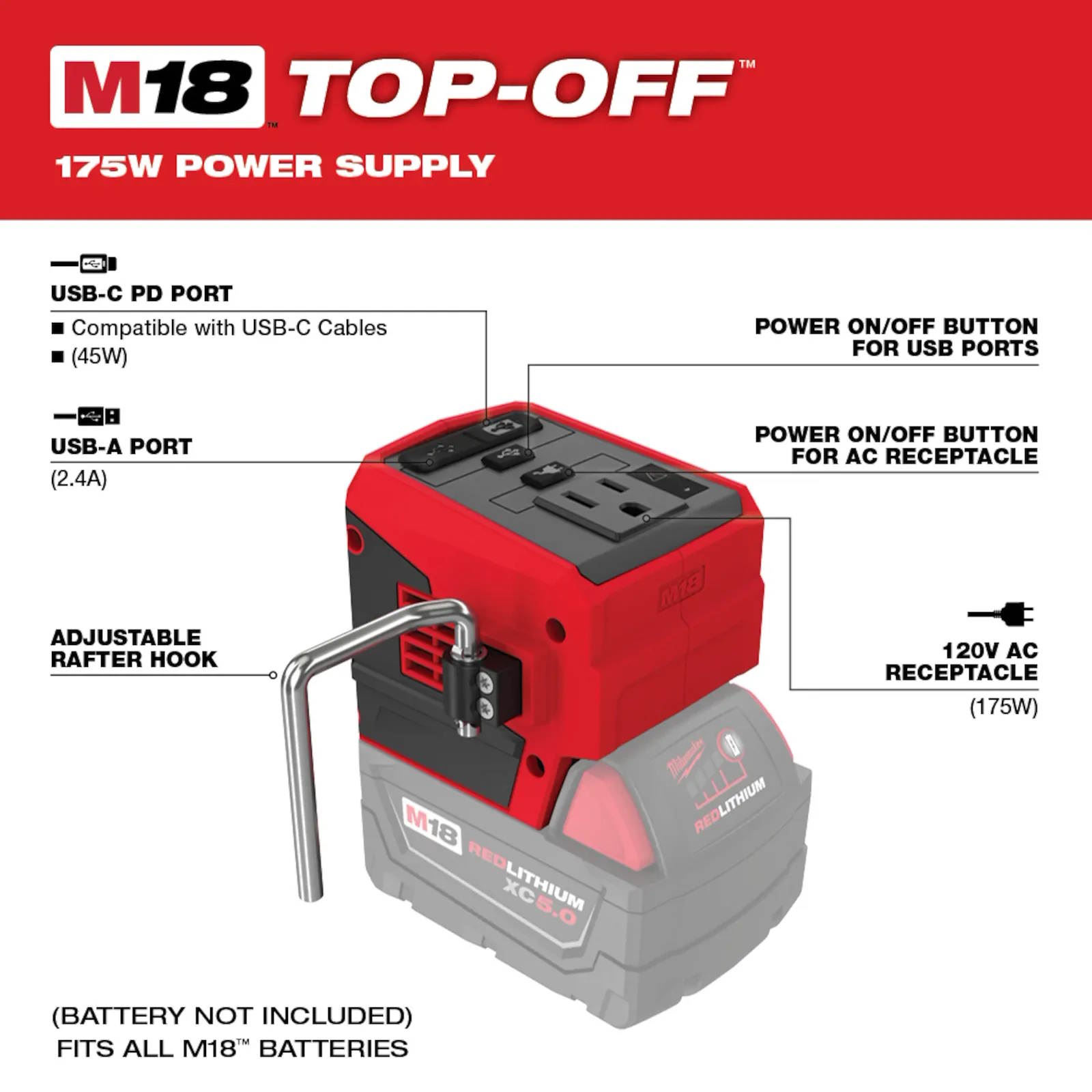 MILWAUKEE 2846-20 M18 TOP-OFF 175W Power Supply Inverter - Image 3