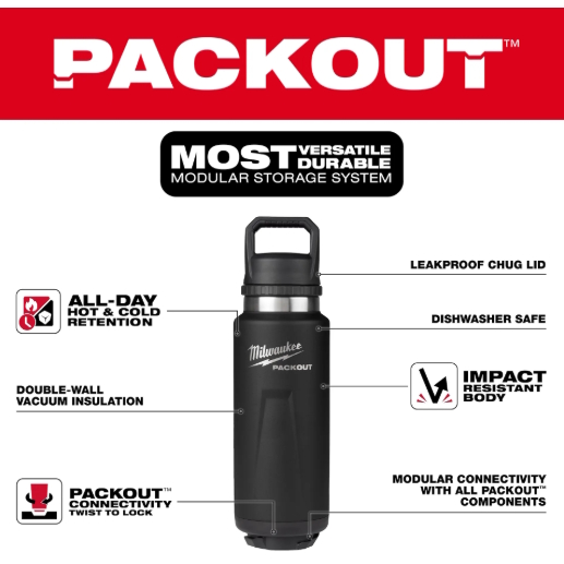 MILWAUKEE 48-22-8397B PACKOUT 36oz Insulated Bottle with Chug Lid - Black - Image 3