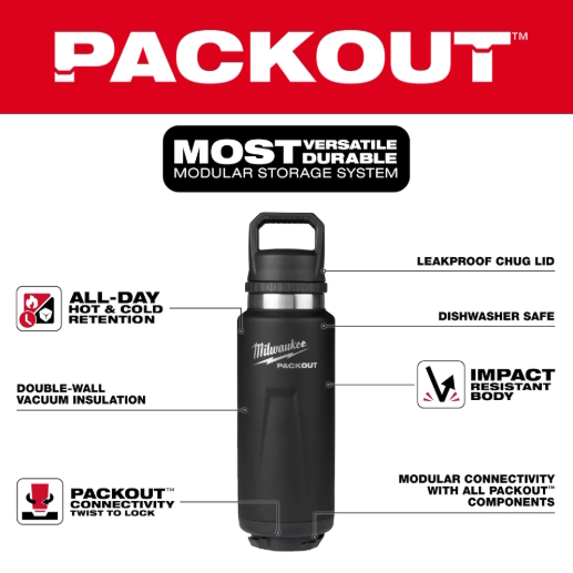 MILWAUKEE 48-22-8397B PACKOUT 36oz Insulated Bottle with Chug Lid - Black - Image 5