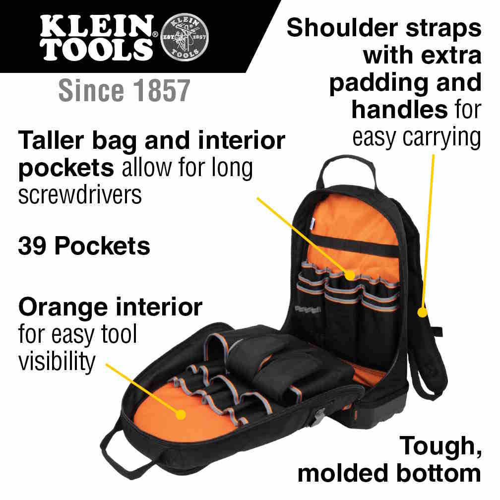 KLEIN 55421BP-14 Tradesman Pro Tool Bag Backpack 39 Pockets Black 14-Inch - Image 3