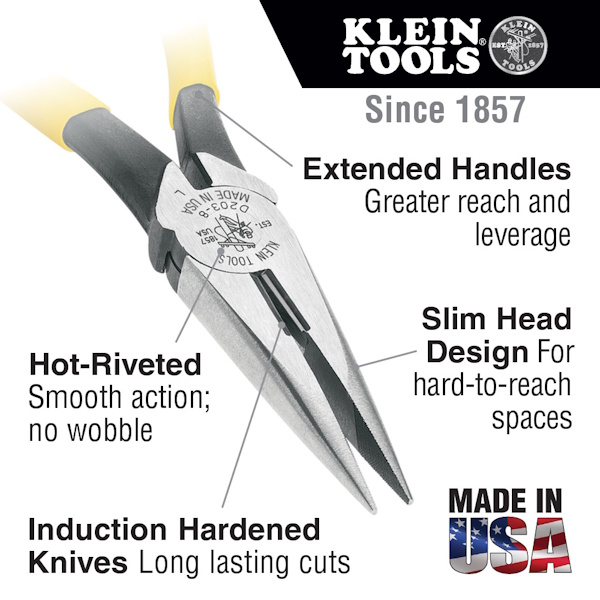 KLEIN D203-8 Pliers Long Nose Side-Cutters 8" - Image 2